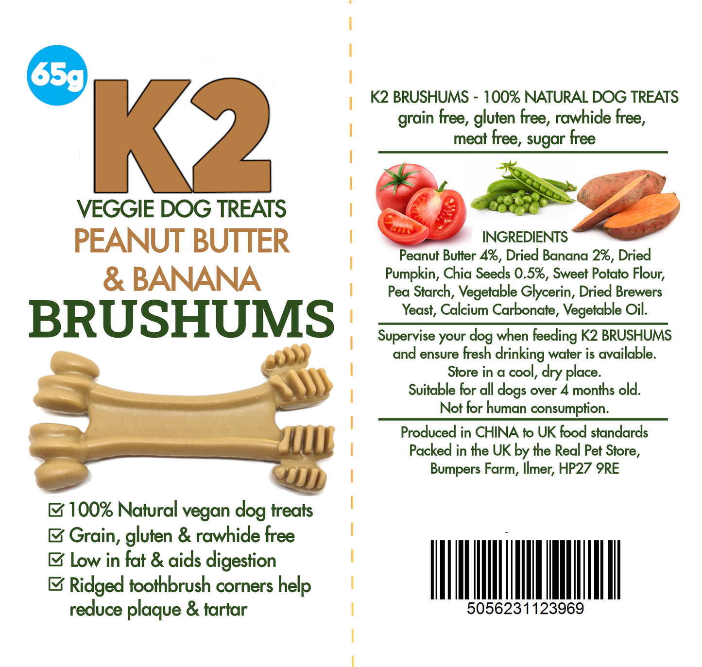 K2 Veggie Dog Treats Brushums Peanut Butter & Banana 65g