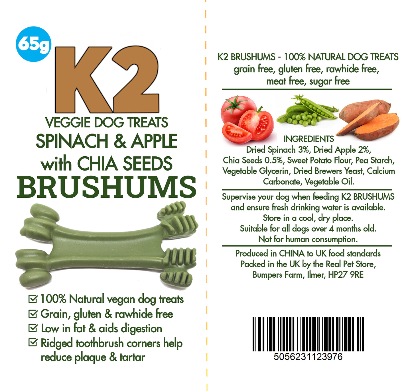 K2 Veggie Dog Treats Brushums Spinach & Apple 65g