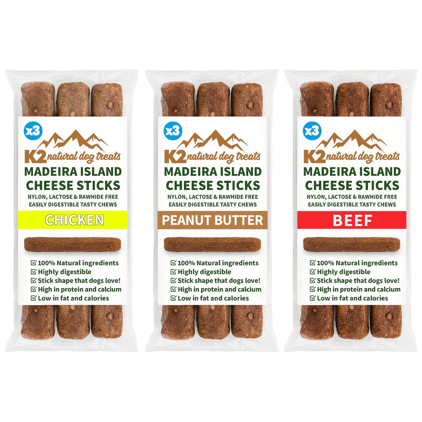 K2 Natural Dog Chews – Cheese & Peanut Butter Sticks, Easily Digestible Treats (3 Pack)