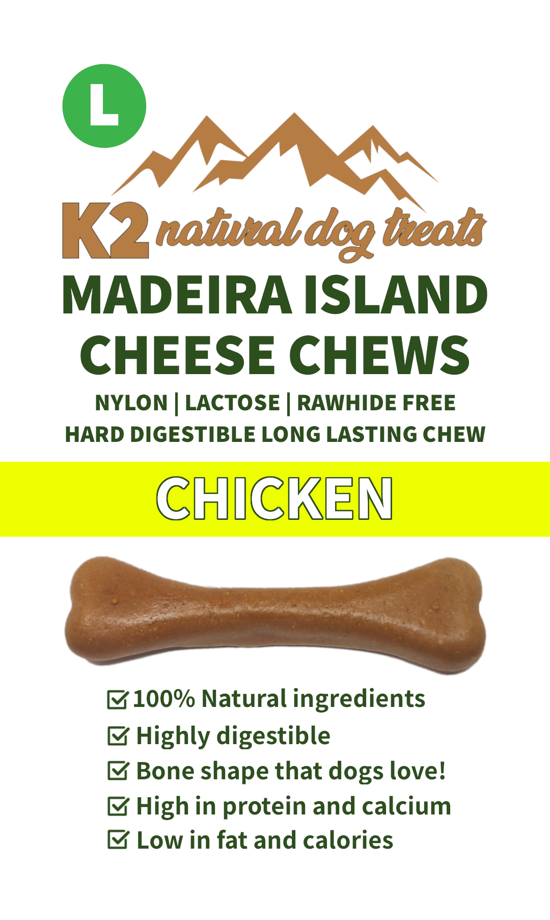 K2 Natural Dog Chews – Cheese & Chicken Chews, Easily Digestible Treats (5 Sizes)