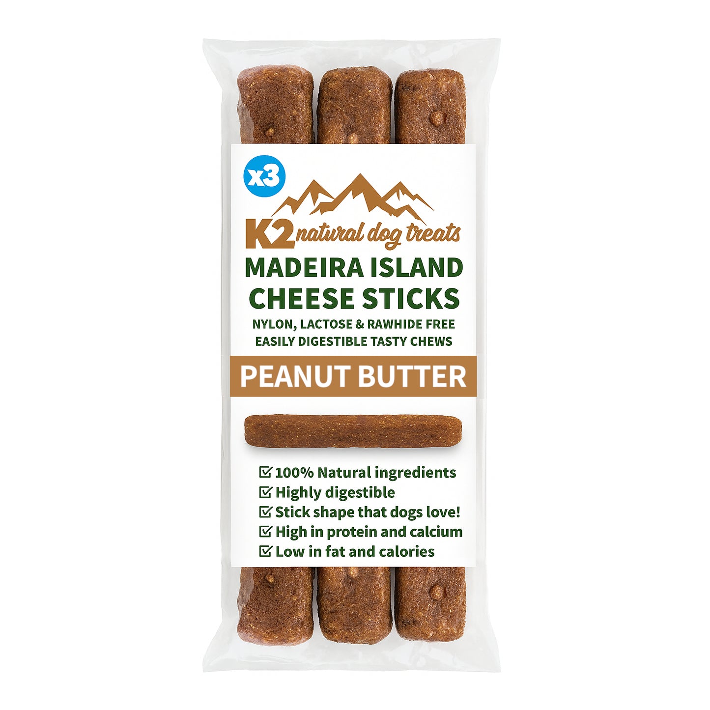 K2 Natural Dog Chews – Cheese & Peanut Butter Sticks, Easily Digestible Treats (3 Pack)