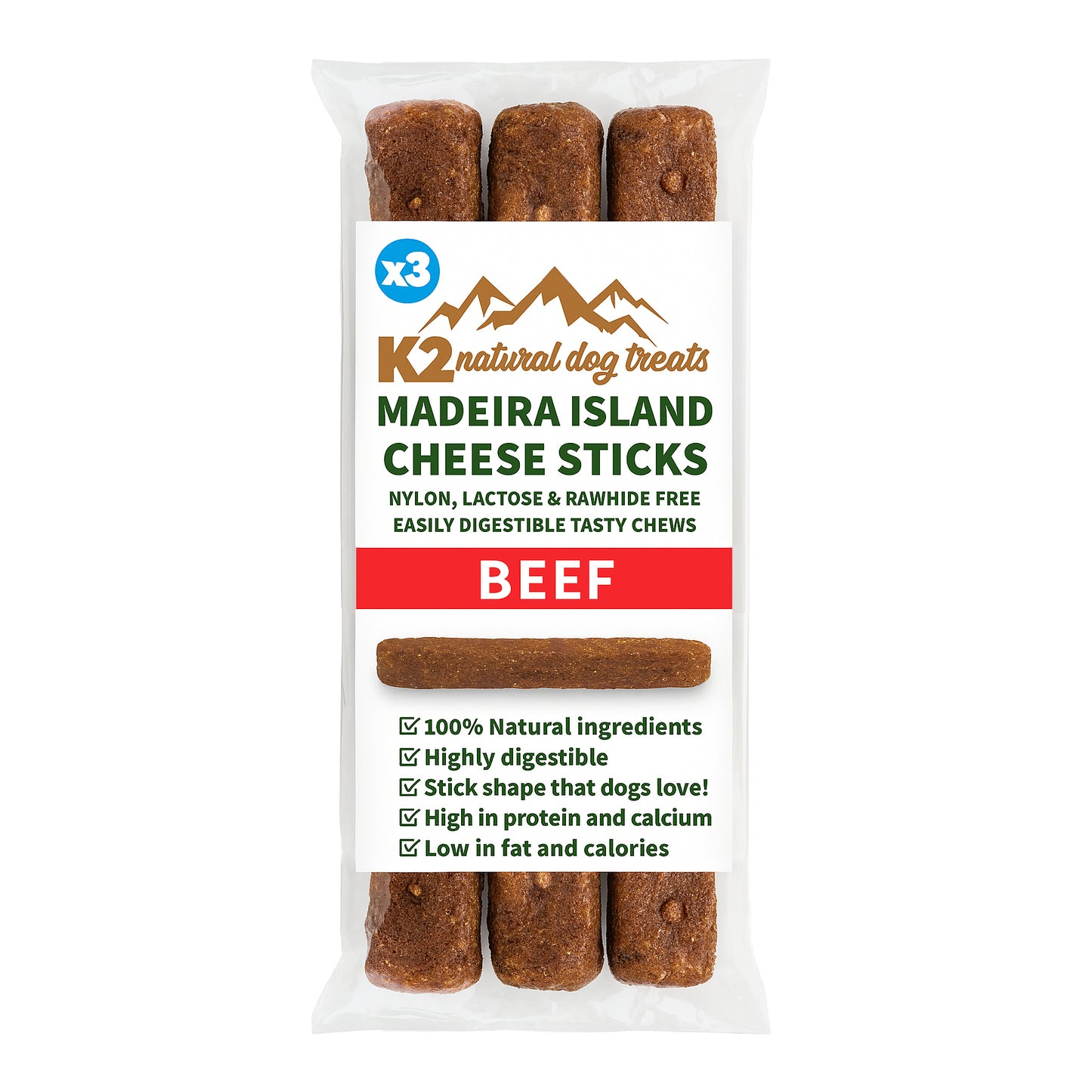 K2 Natural Dog Chews – Cheese & Beef Sticks, Easily Digestible Treats (3 Pack)