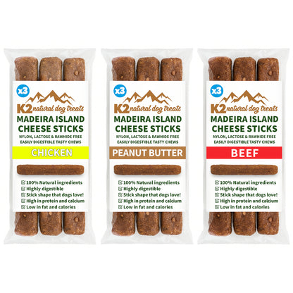 K2 Natural Dog Chews – Cheese & Peanut Butter Sticks, Easily Digestible Treats (3 Pack)