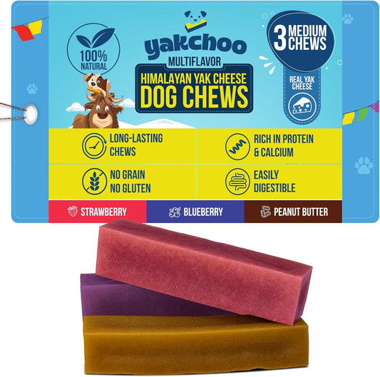 Yakchoo Himalayan Yak Cheese Dog Chews – Medium 70g - Blueberry Strawberry & Peanut Butter 3 Pk
