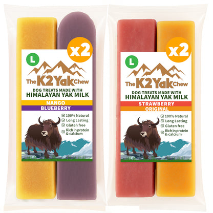 K2 Yak Chew Fruit Mix 4 Pack Large — Original, Strawberry, Blueberry, Mango