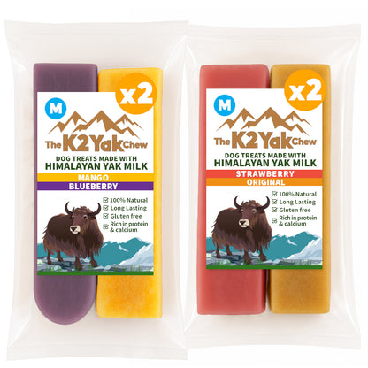 K2 Yak Chew Fruit Mix 4 Pack Medium — Original, Strawberry, Blueberry, Mango
