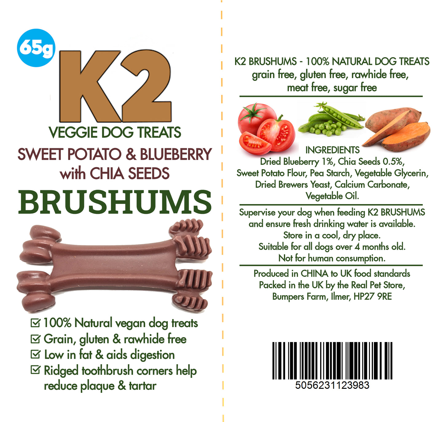 K2 Veggie Dog Treats Brushums Sweet Potato & Blueberry 65g