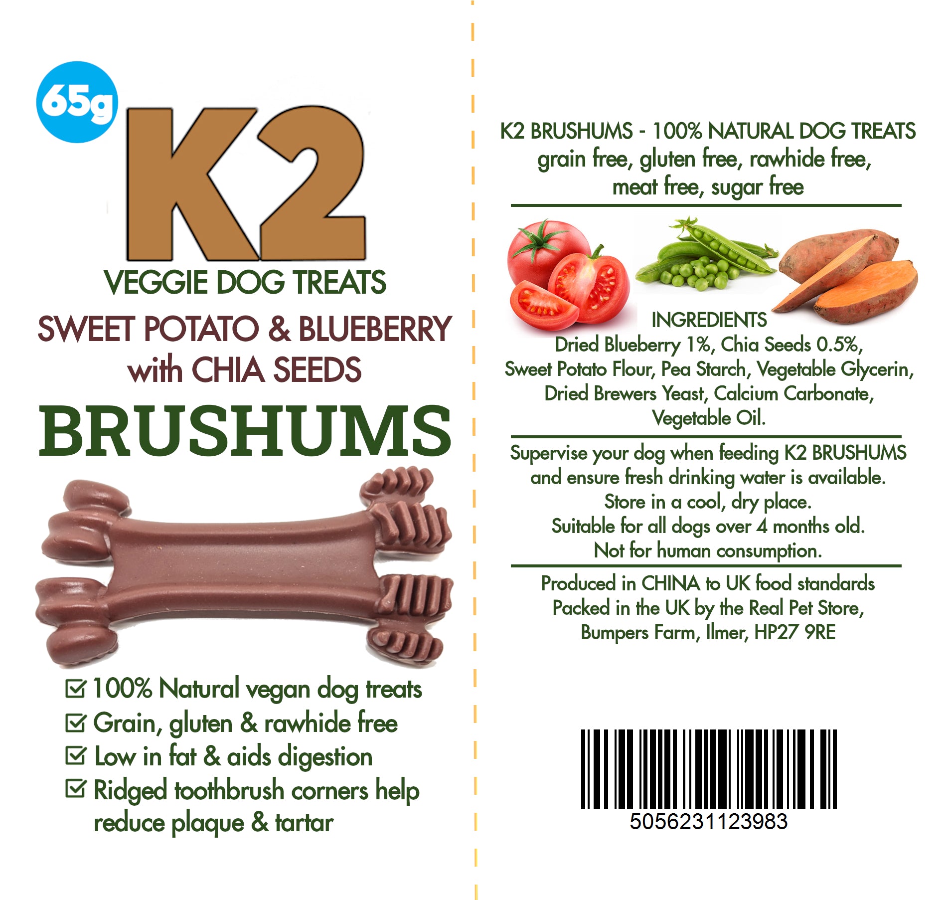 K2 Veggie Dog Treats Brushums Sweet Potato & Blueberry 65g