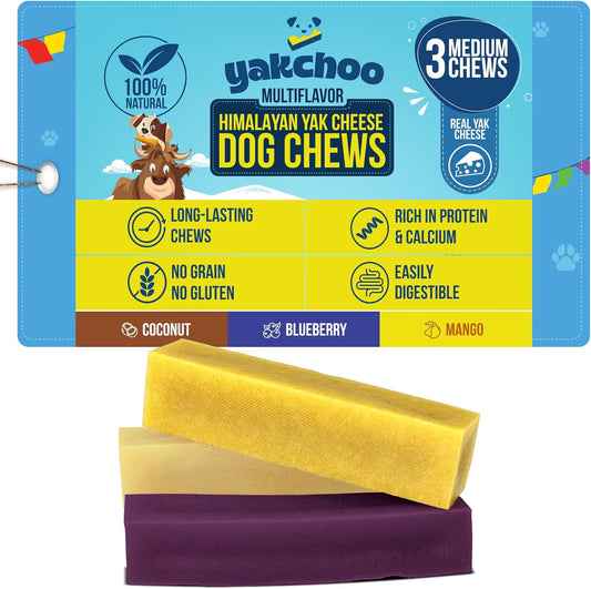 Yakchoo Himalayan Yak Cheese Dog Chews - Medium 70g - Blueberry Coconut & Mango 3 Pk