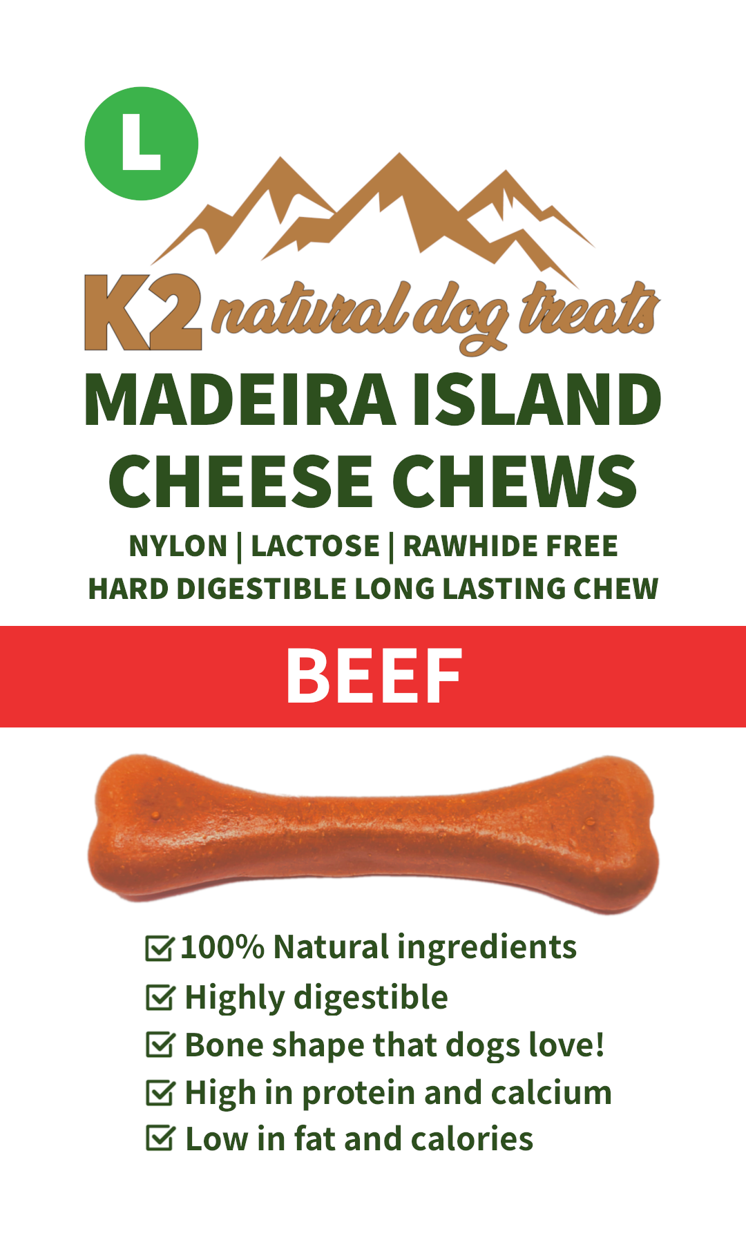 K2 Natural Dog Chews – Cheese & Beef Chews, Easily Digestible Treats (5 Sizes)