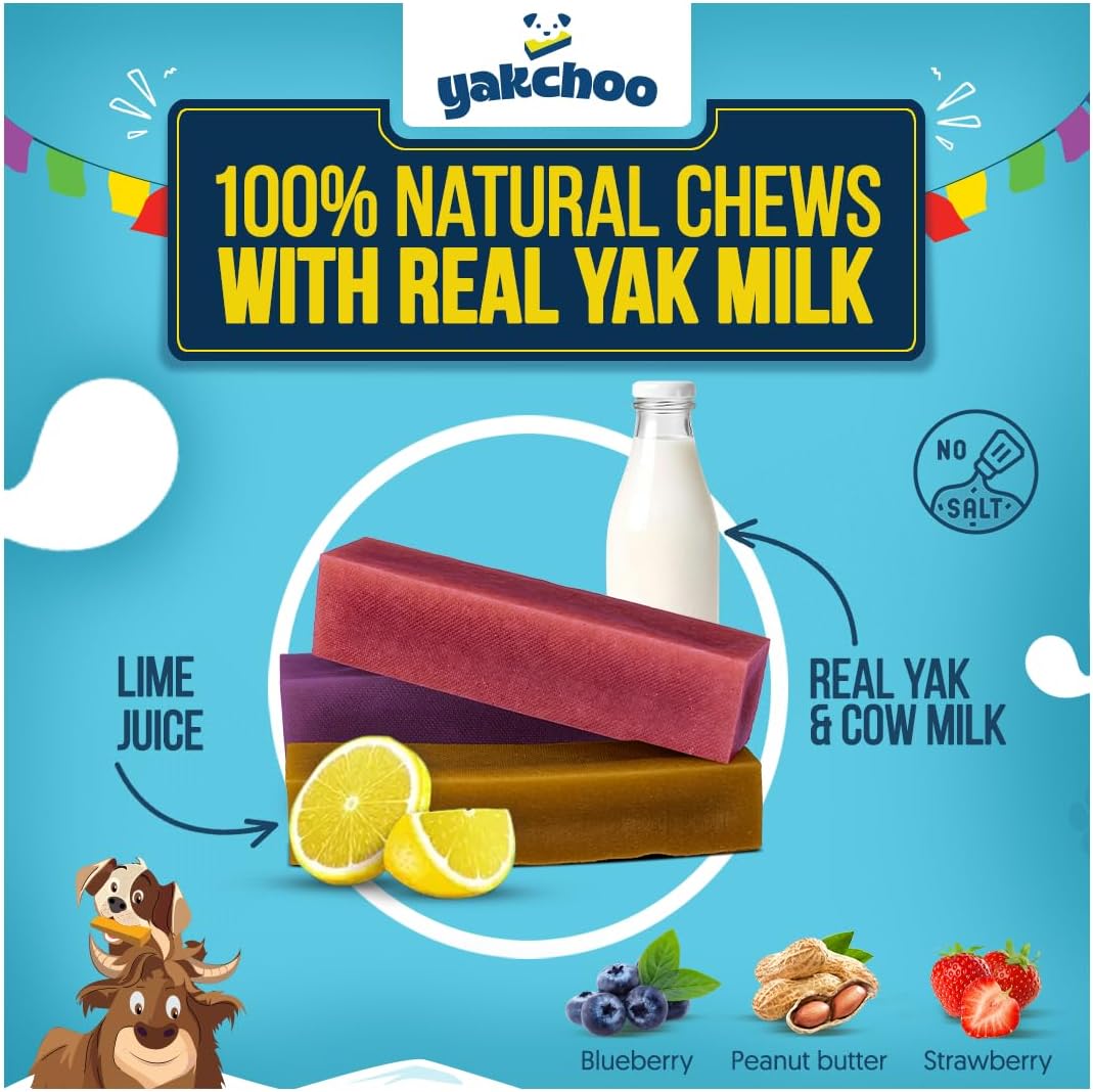Yakchoo Himalayan Yak Cheese Dog Chews – Medium 70g - Blueberry Strawberry & Peanut Butter 3 Pk